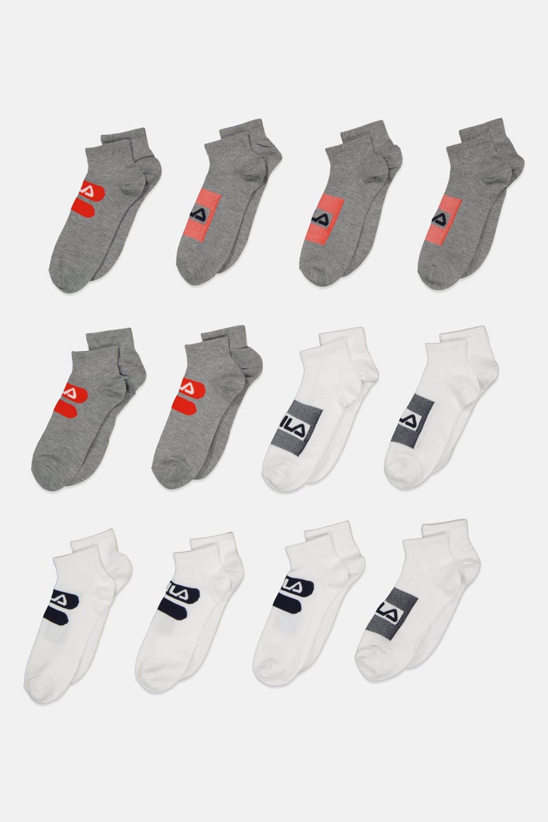 Men 12 Pairs Brand Logo Ankle Socks, White/Grey Combo