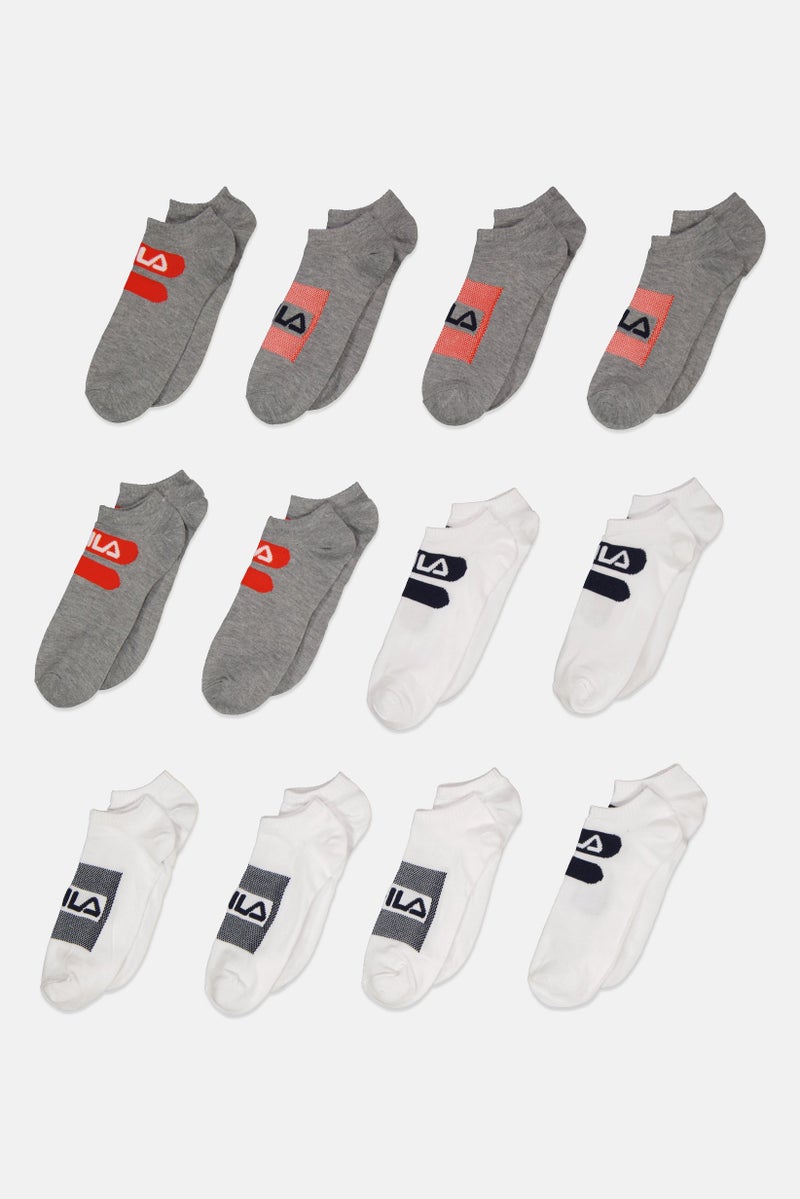 Men 12 Pair Brand Logo Ankle Socks, White/Grey