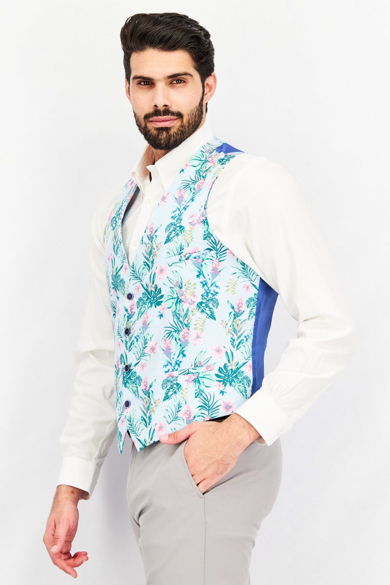 Men Slim Fit Floral Print Suit Vest, Blue/Pink