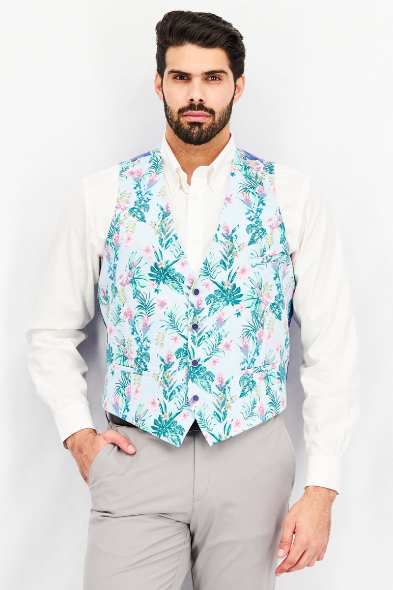 Men Slim Fit Floral Print Suit Vest, Blue