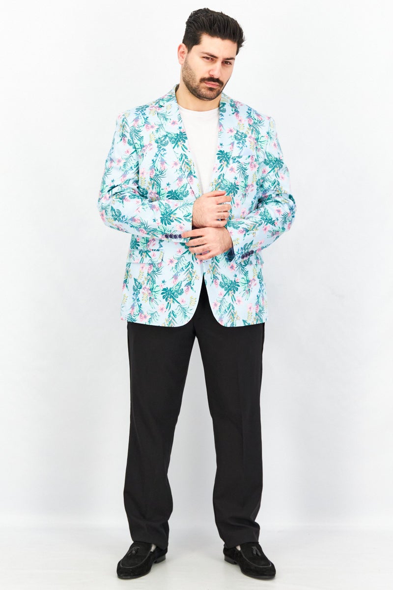 Men Slim Fit Floral Print Long Sleeves Blazer, Turquoise Combo