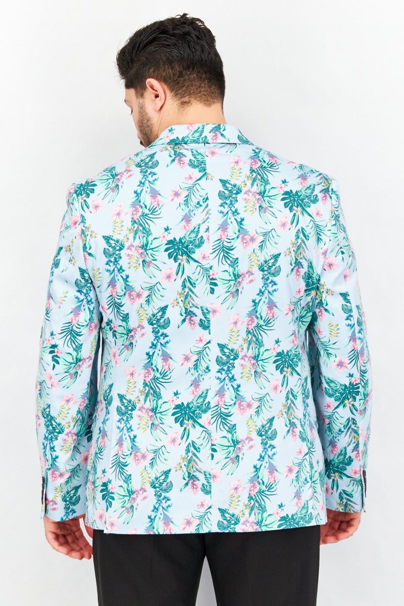 Men Slim Fit Floral Print Long Sleeves Blazer, Turquoise Combo