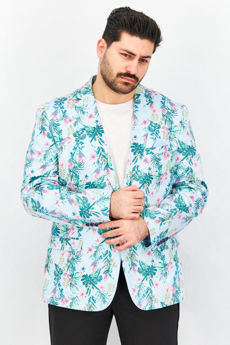 Men Slim Fit Floral Print Long Sleeves Blazer, Turquoise Combo