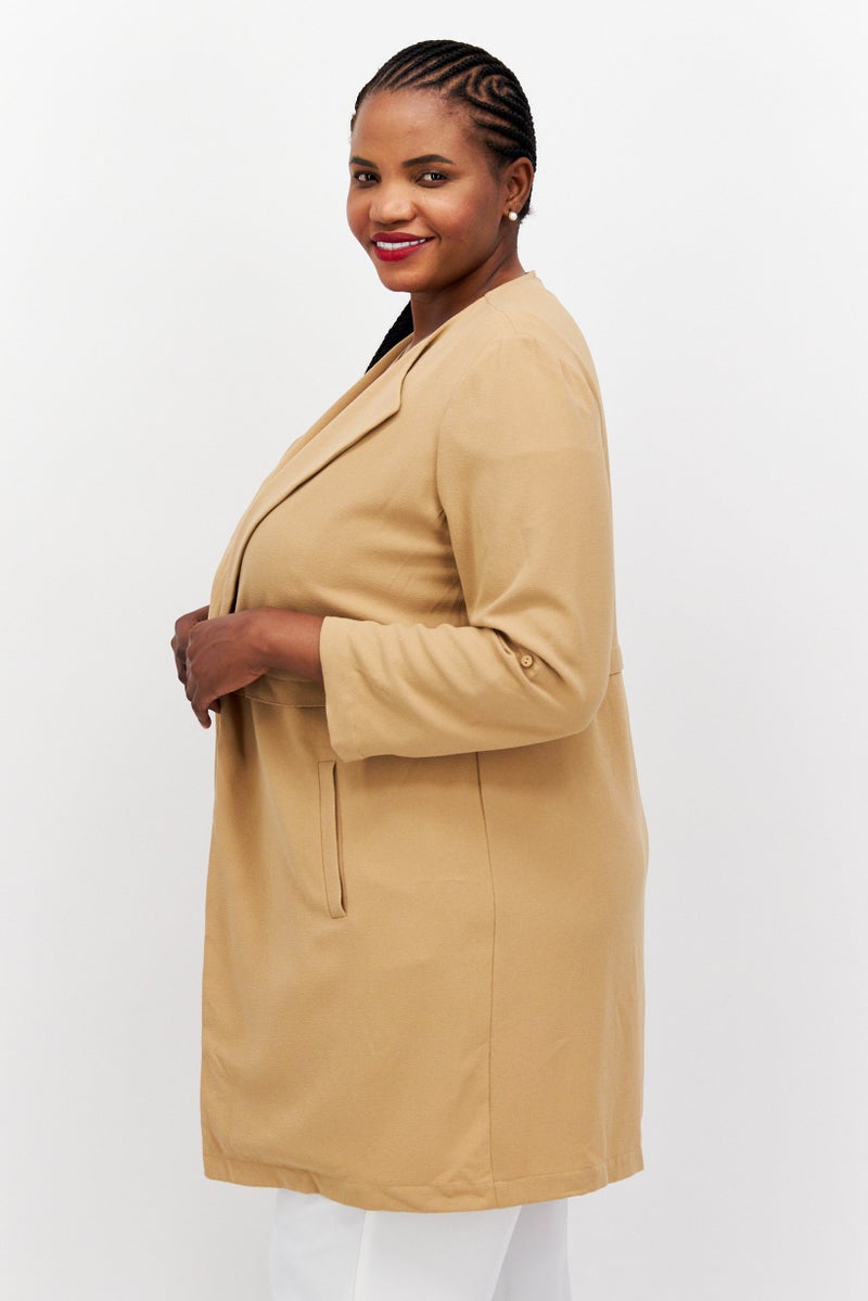 Women Plus Size 3/4 Sleeve Solid Blazer, Tan