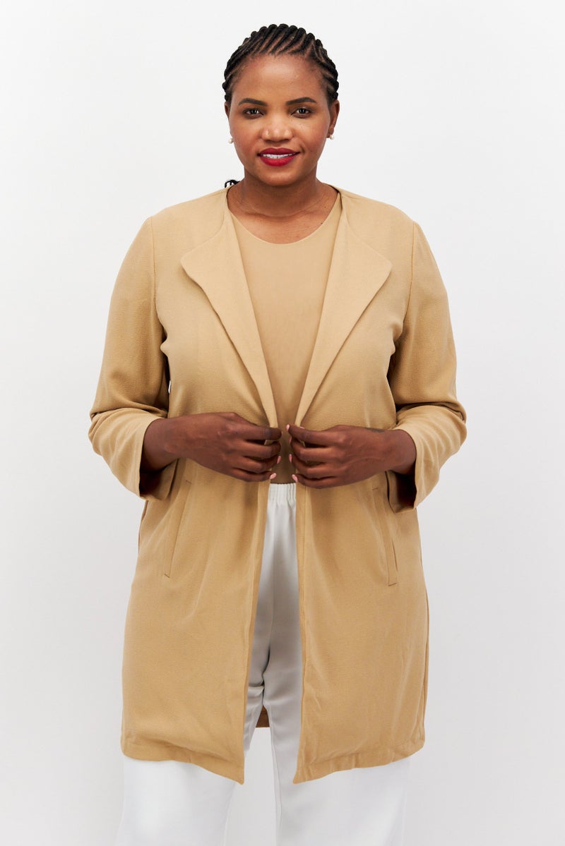 Women Plus Size 3/4 Sleeve Solid Blazer, Tan