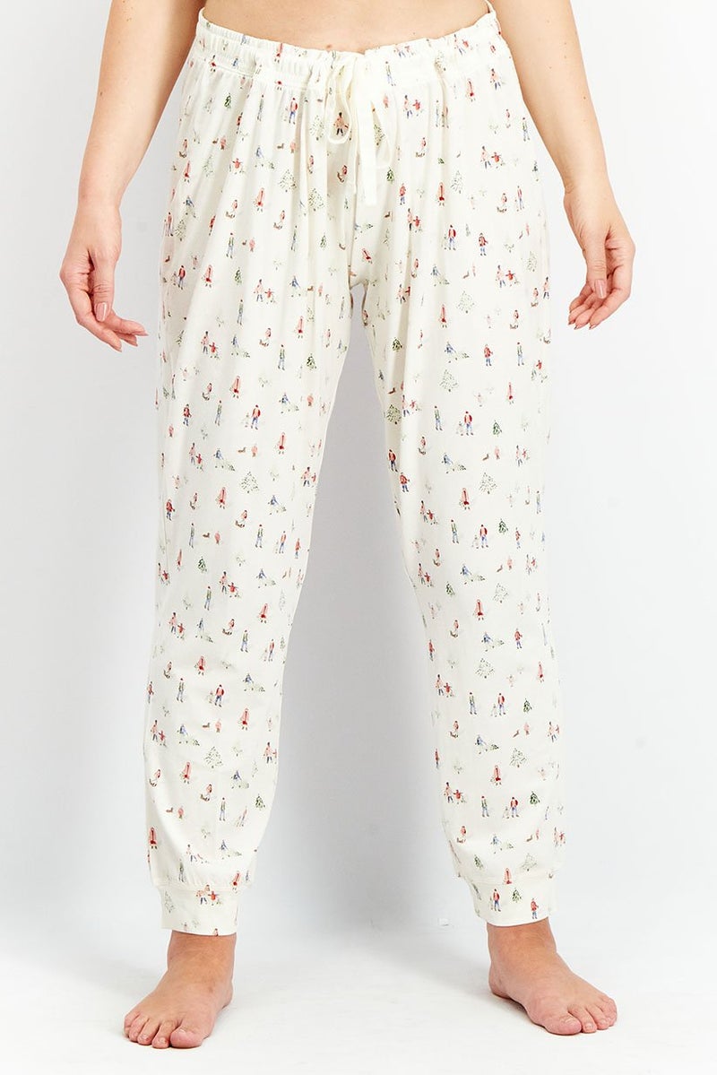 Women Regular Fit Drawstring Allover Print Sleepwear Pants, Cream Combo