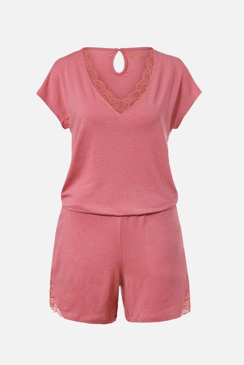 Women Plain V-neck Sleeveless Jumpsuit Pajama, Dark Pink