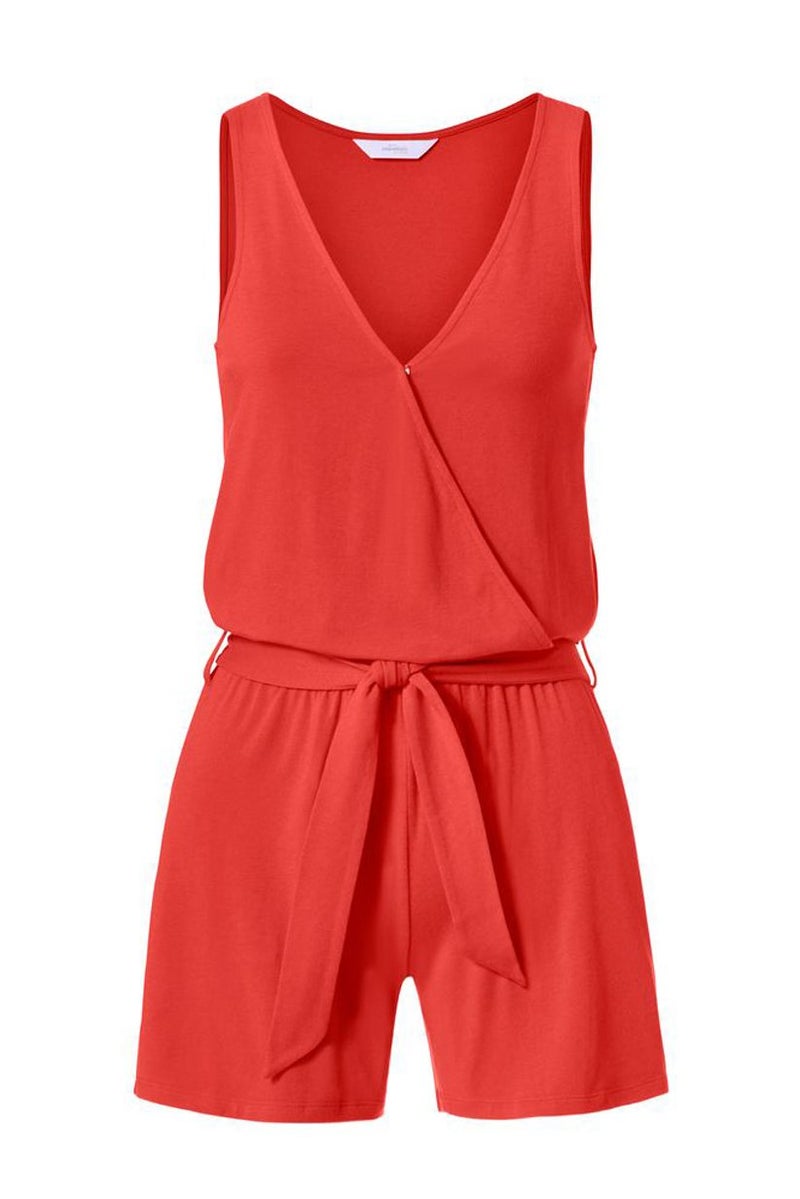 Women V-neckline Sleeveless Plain Pajama Romper, Orange