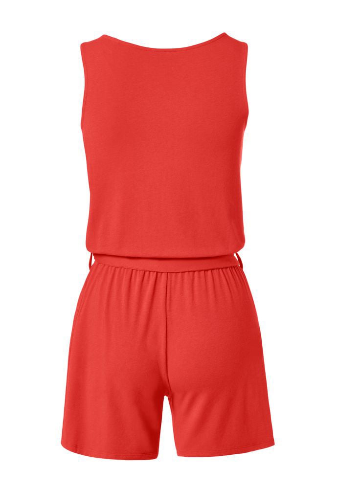 Women V-neckline Sleeveless Plain Pajama Romper, Orange