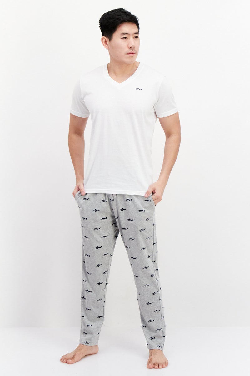 Men 2 Pieces Embroidered Logo Pajamas Set, White/Grey