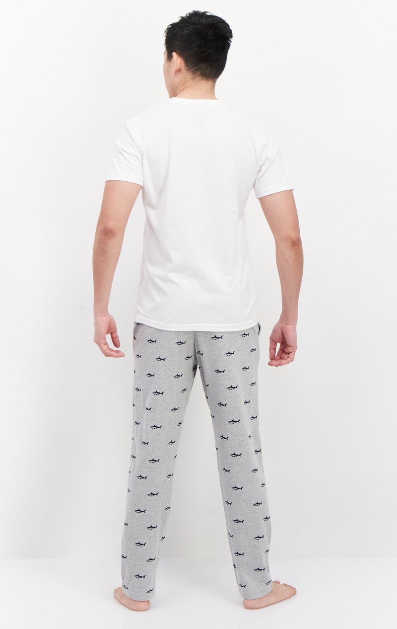 Men 2 Pieces Embroidered Logo Pajamas Set, White/Grey