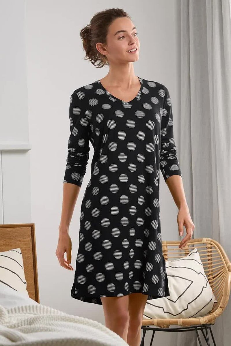 Women Polka Dot Long Sleeve Night Dress, Black/White