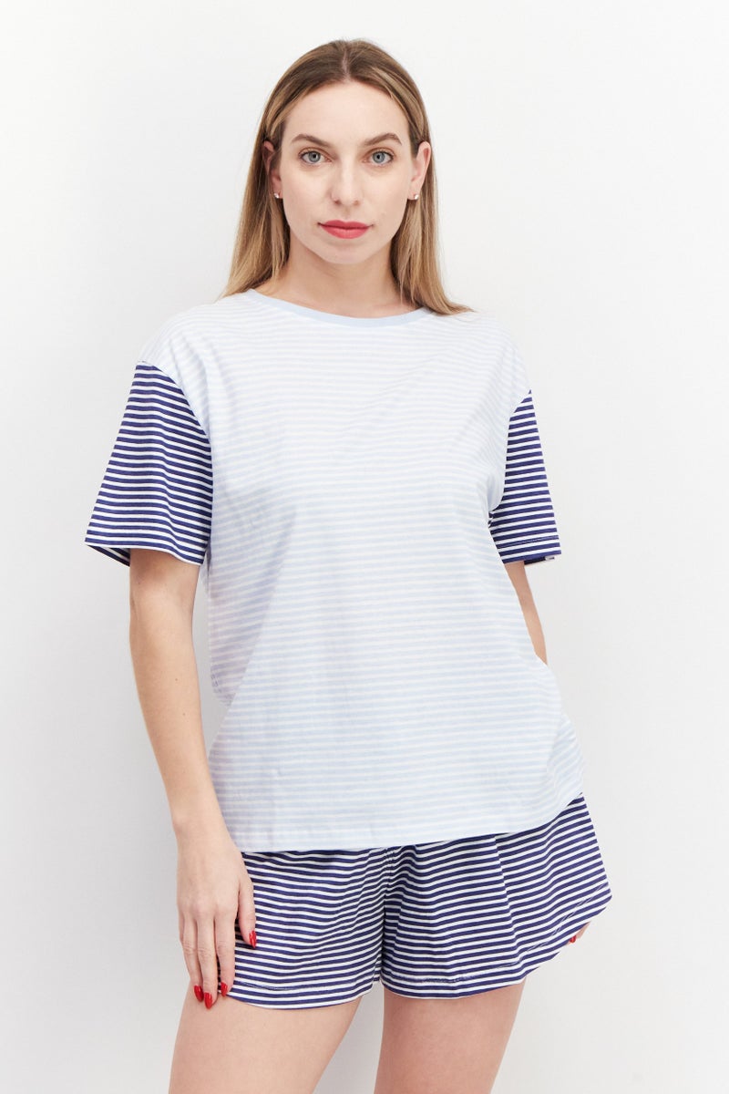 Women Stripe Short Sleeves Pajama Set, Blue Combo