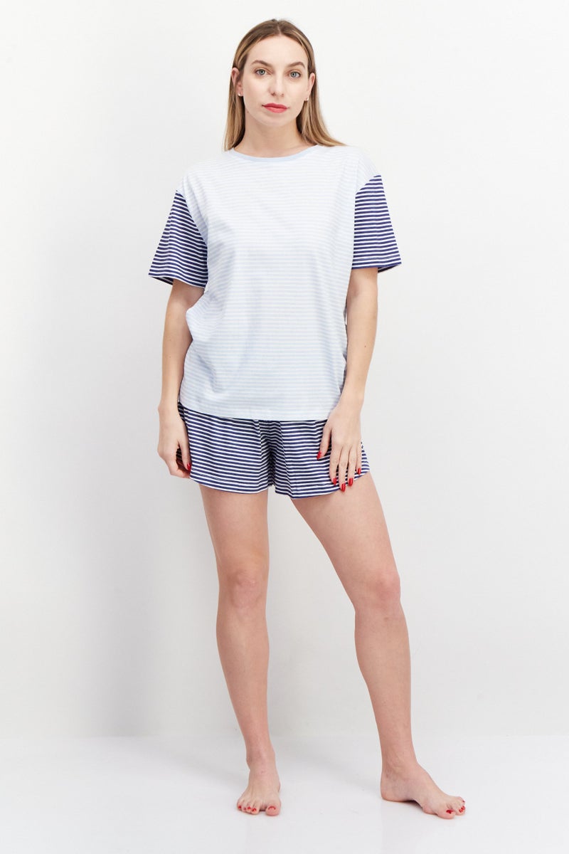 Women Stripe Short Sleeves Pajama Set, Blue Combo