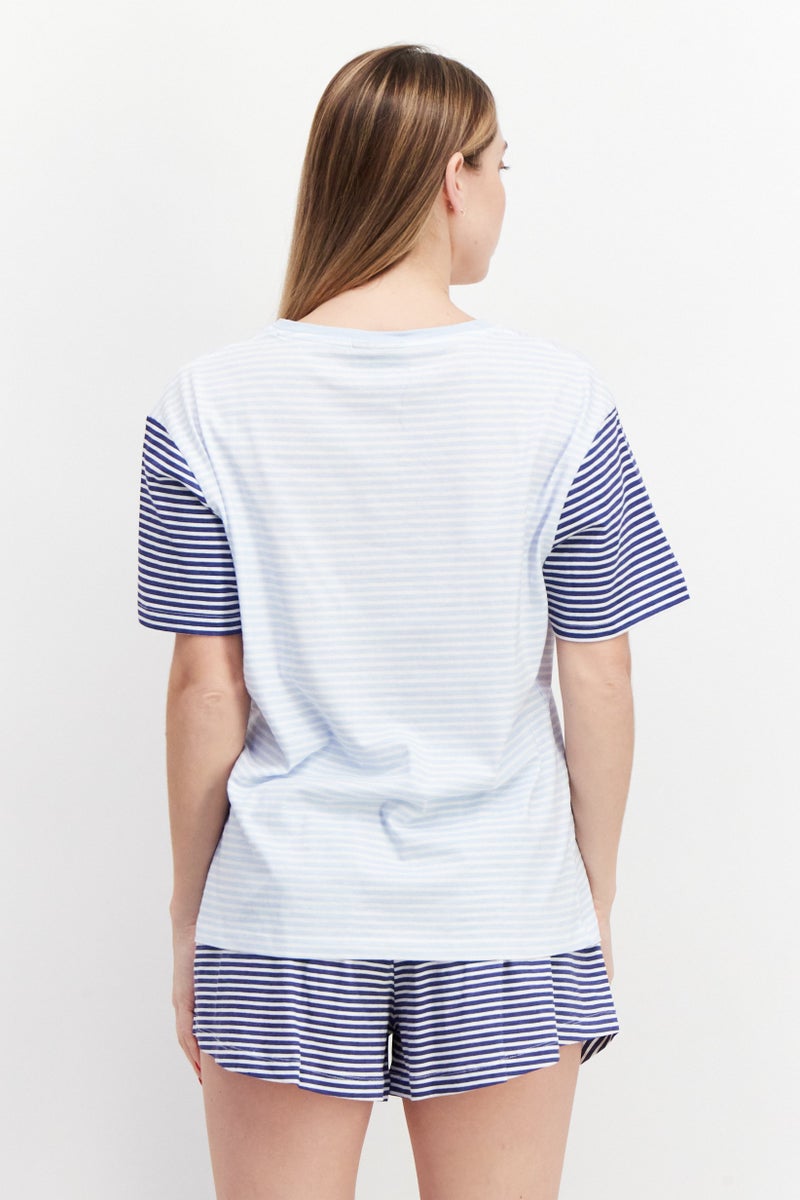 Women Stripe Short Sleeves Pajama Set, Blue Combo