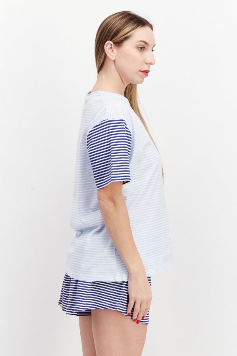 Women Stripe Short Sleeves Pajama Set, Blue Combo