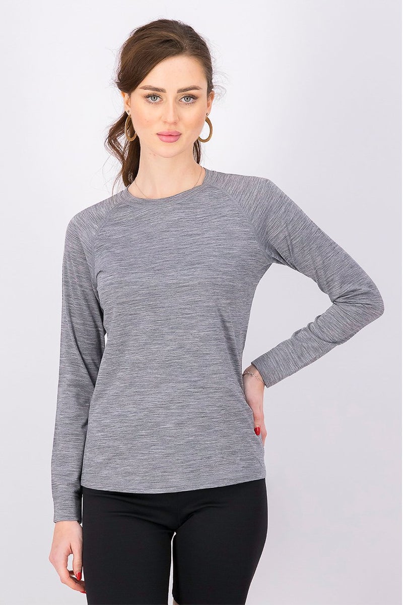 Women Crew Neck Long Sleeve Plain Pajama Top, Grey