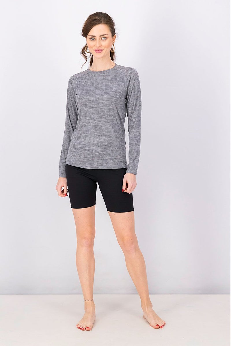 Women Crew Neck Long Sleeve Plain Pajama Top, Grey