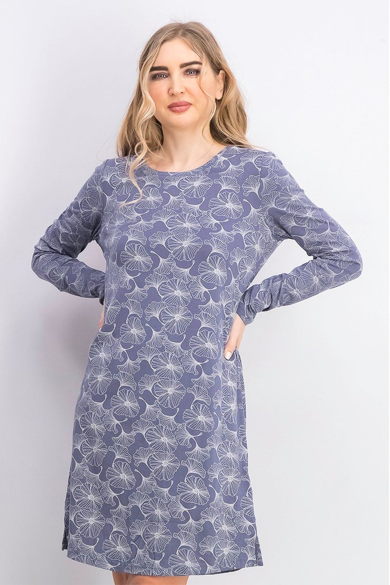 Women Printed Long Sleeves Night Dress, Grey/White