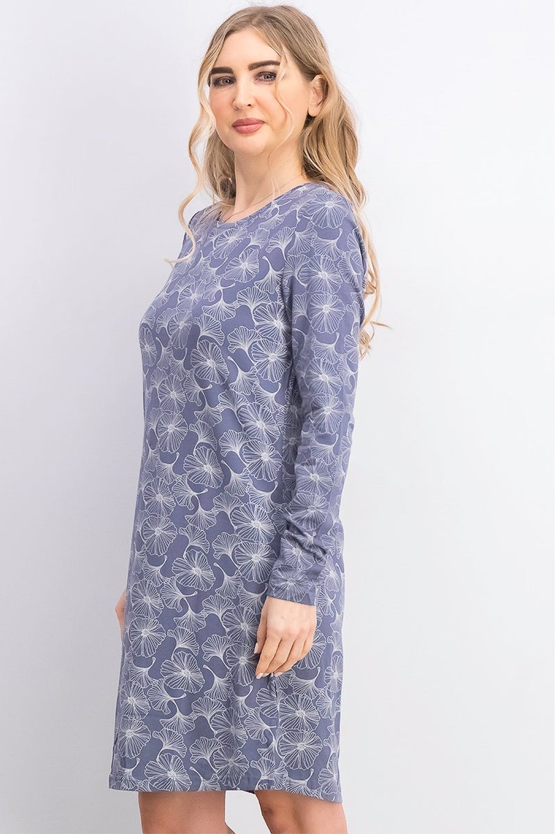 Women Printed Long Sleeves Night Dress, Grey/White