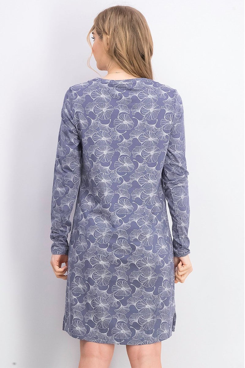 Women Printed Long Sleeves Night Dress, Grey/White