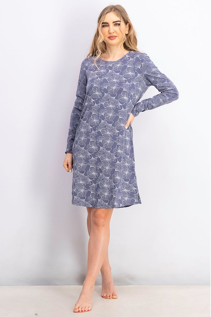 Women Printed Long Sleeves Night Dress, Grey/White