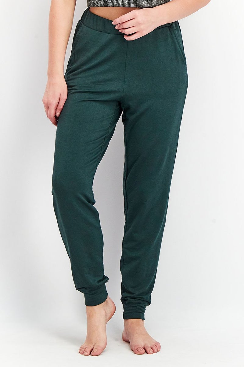 Women Pull On Plain Sleepwear Pants, Dark Green