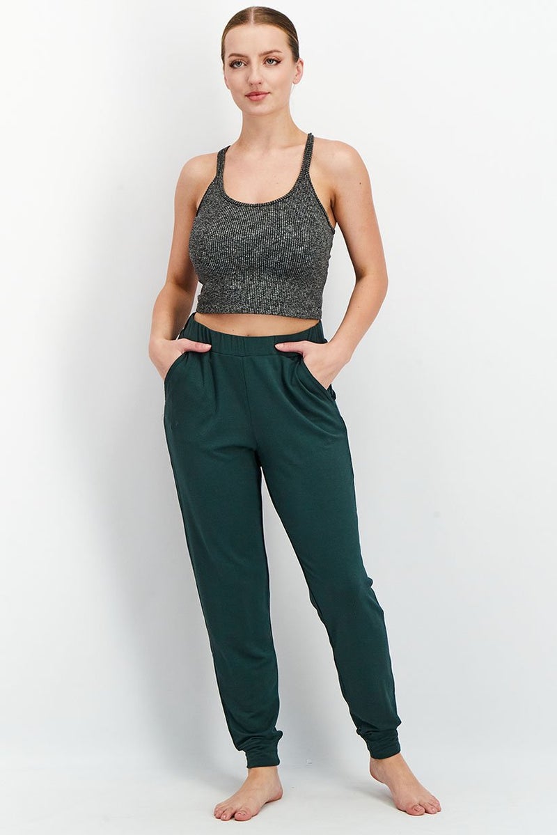 Women Pull On Plain Sleepwear Pants, Dark Green