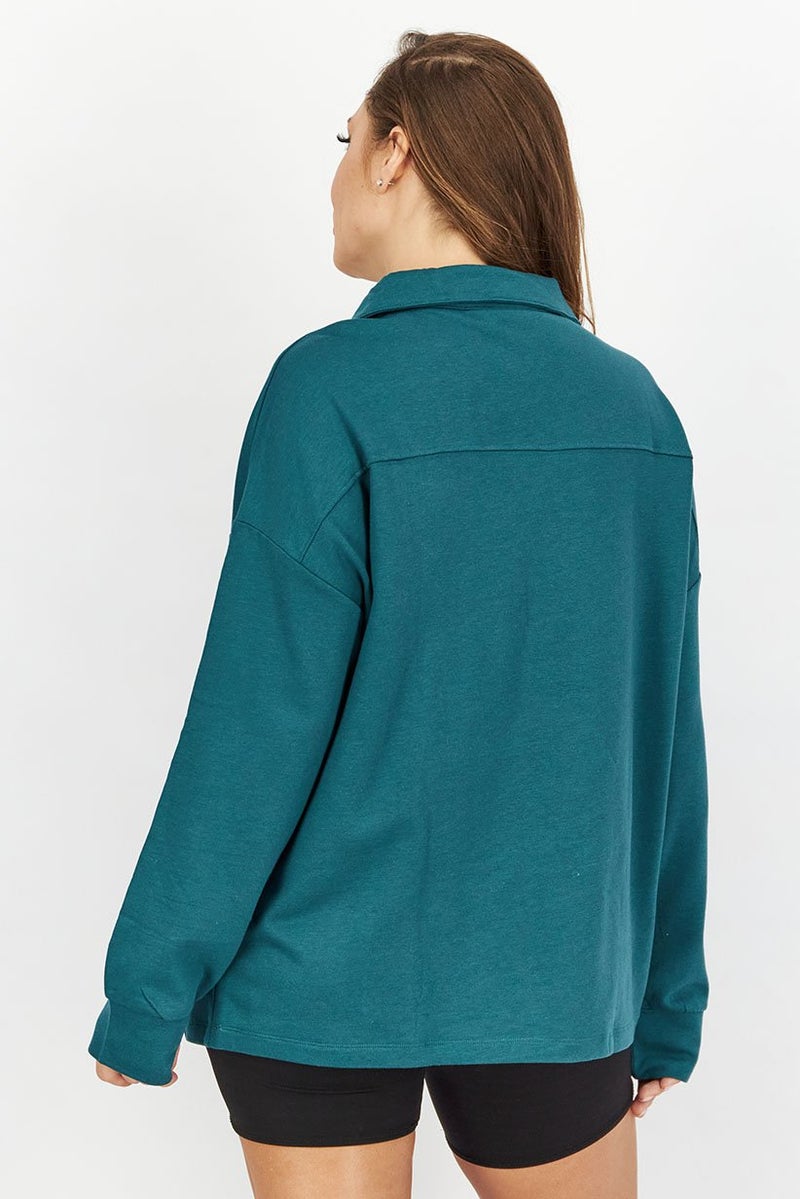 Women Spread Collar Plain Loungewear Sweatshirt, Dark Green