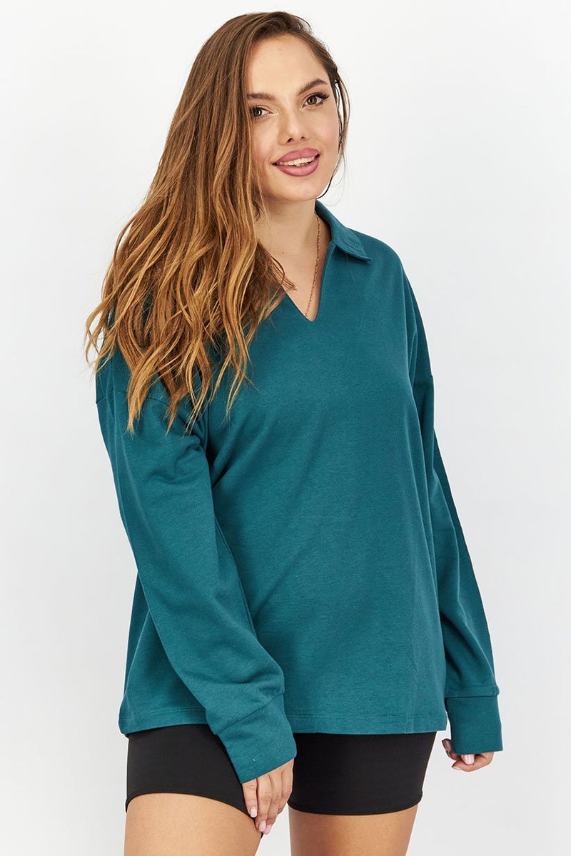 Women Spread Collar Plain Loungewear Sweatshirt, Dark Green