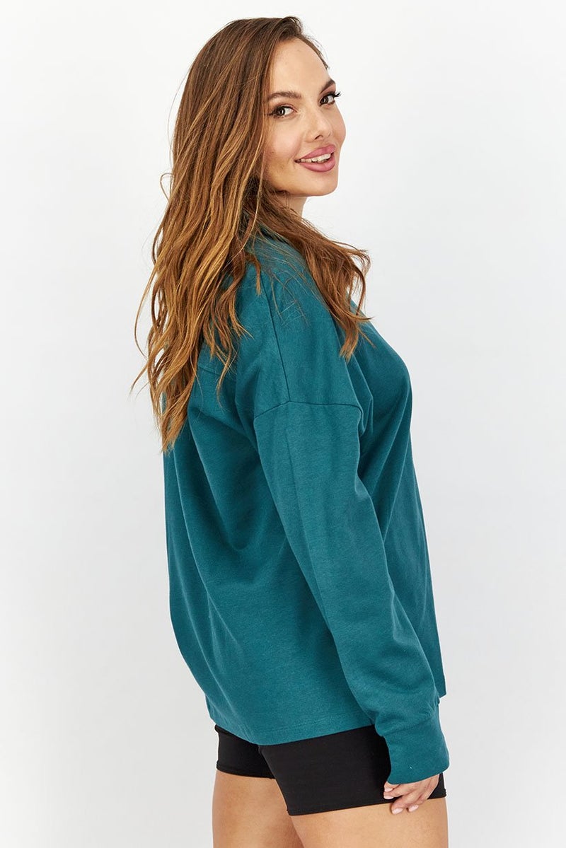 Women Spread Collar Plain Loungewear Sweatshirt, Dark Green