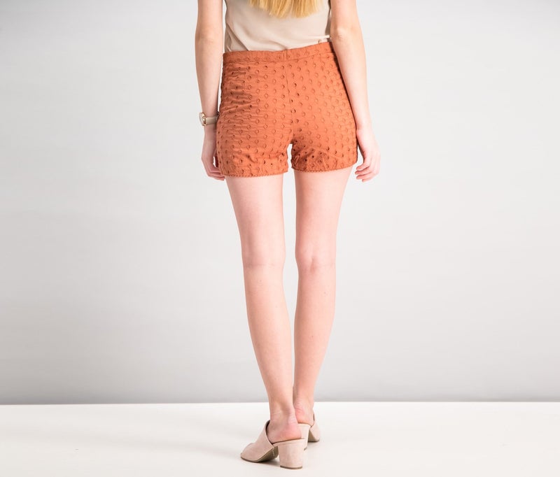 Women Embroidered Cotton Shorts, Burnt Orange