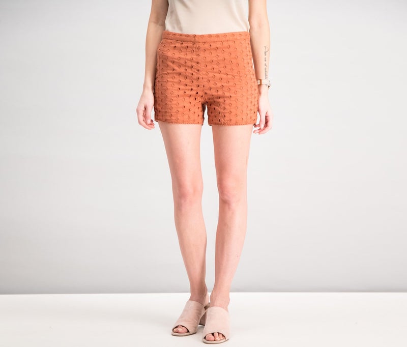 Women Embroidered Cotton Shorts, Burnt Orange