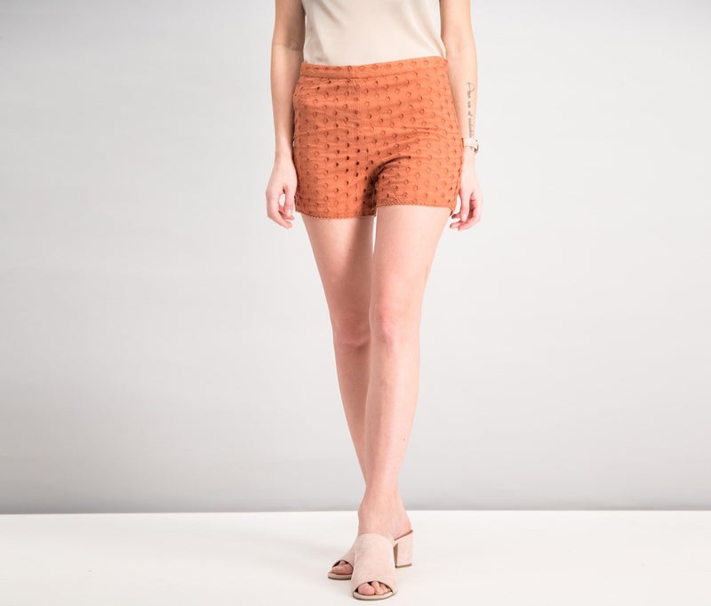 Women Embroidered Cotton Shorts, Burnt Orange