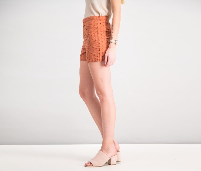 Women Embroidered Cotton Shorts, Burnt Orange