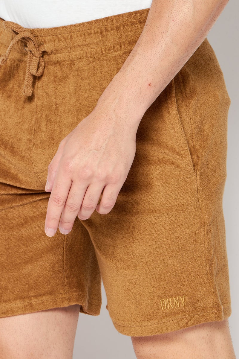 Men Drawstring Brand Logo Textured Shorts, Brown