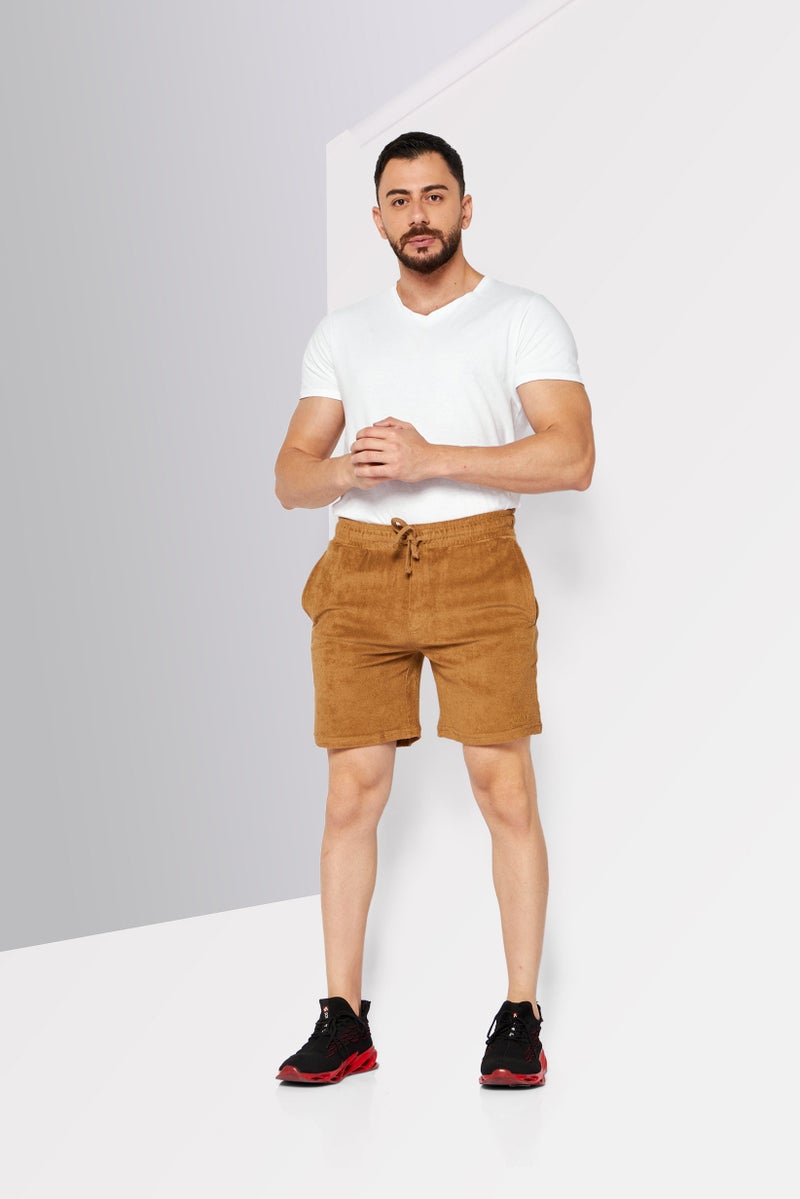Men Drawstring Brand Logo Textured Shorts, Brown