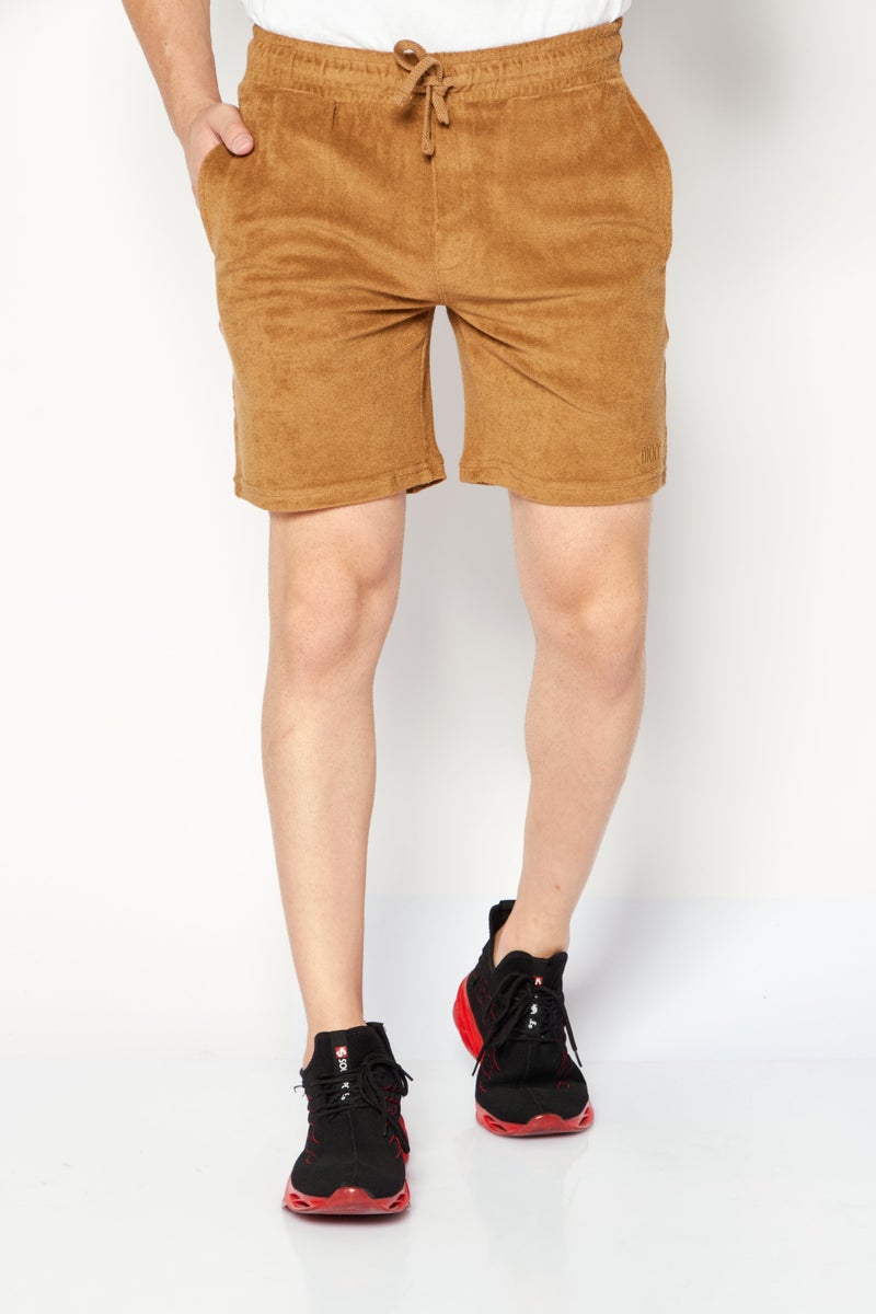 Men Drawstring Brand Logo Textured Shorts, Brown