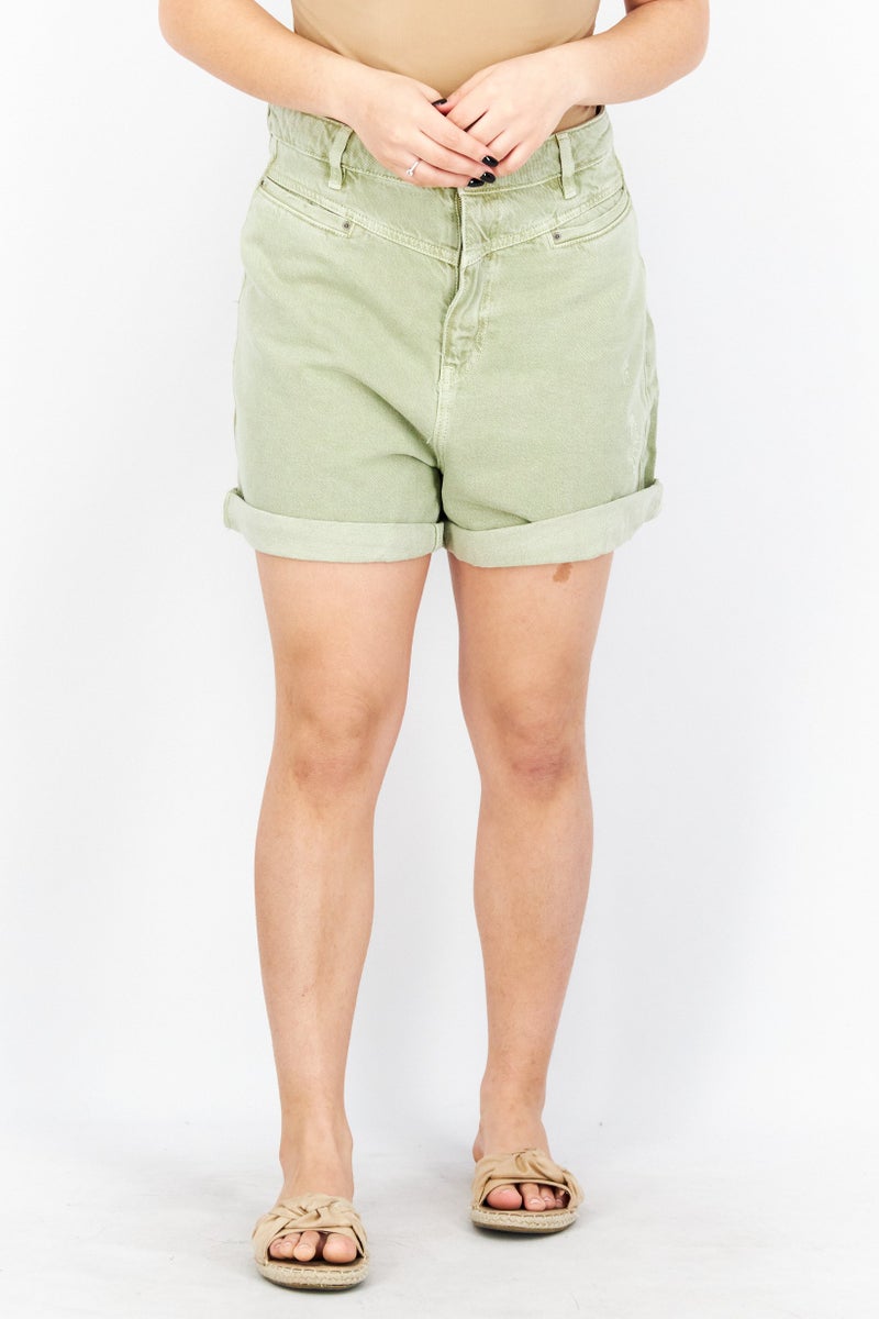 Women Washed Denim Shorts, Olive