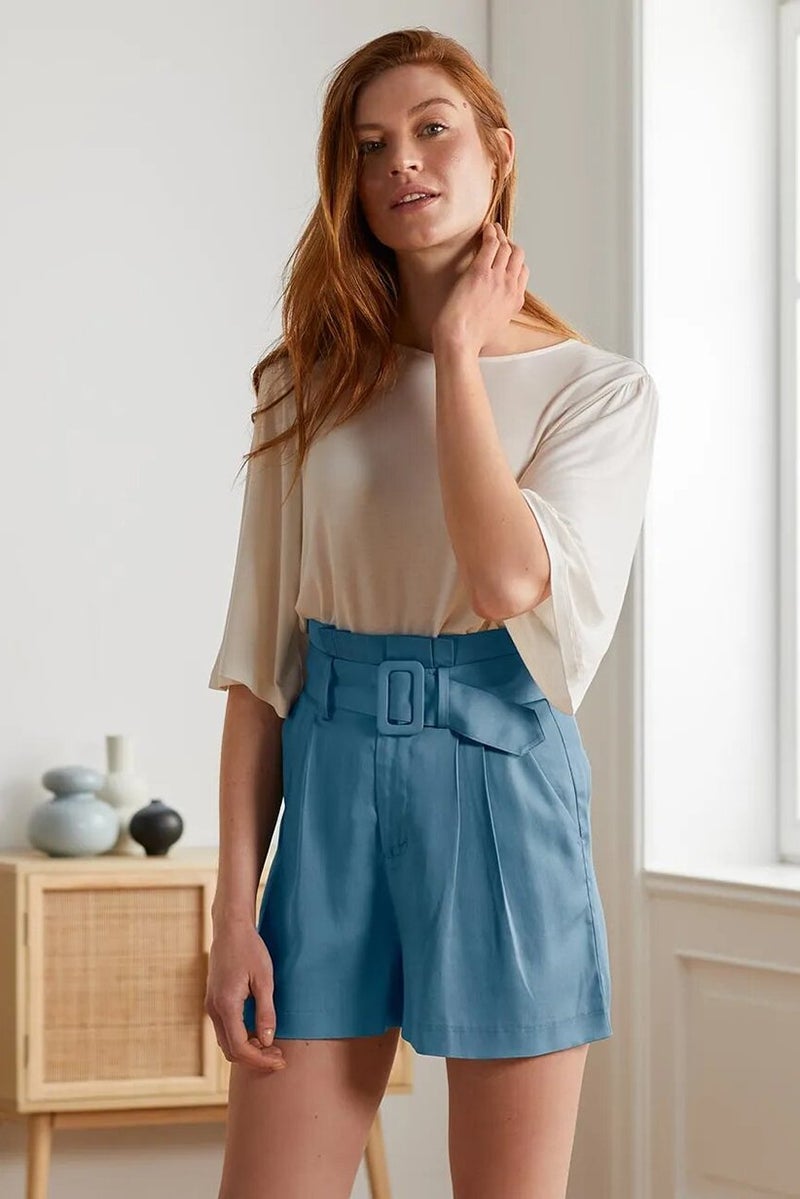 Women Plain Belted Short, Light Blue