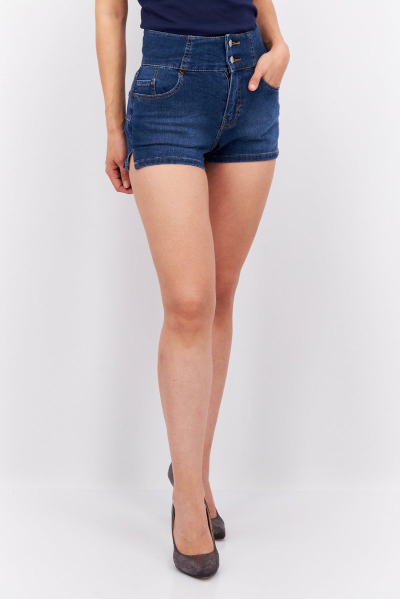 Women Solid Denim Short, Blue