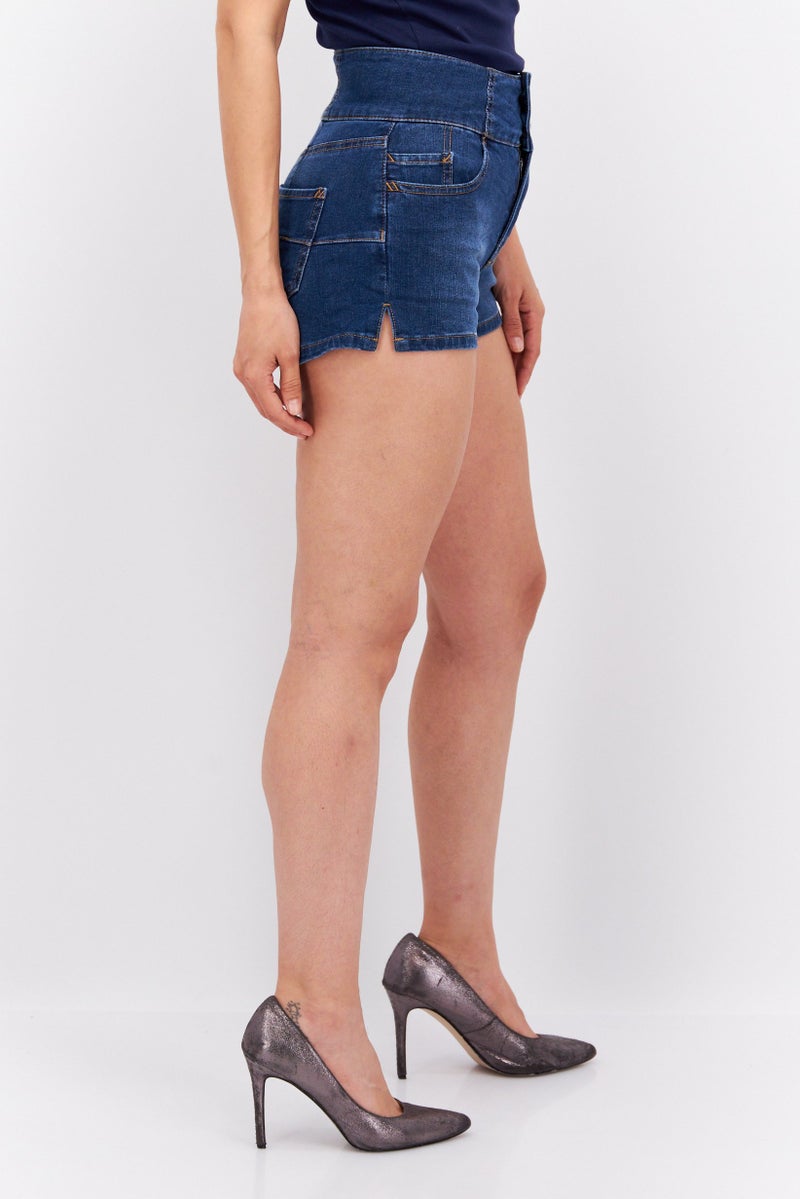 Women Solid Denim Short, Blue