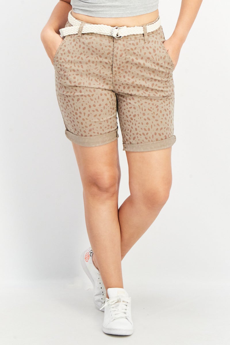 Women Belted Allover Print Shorts, Brown