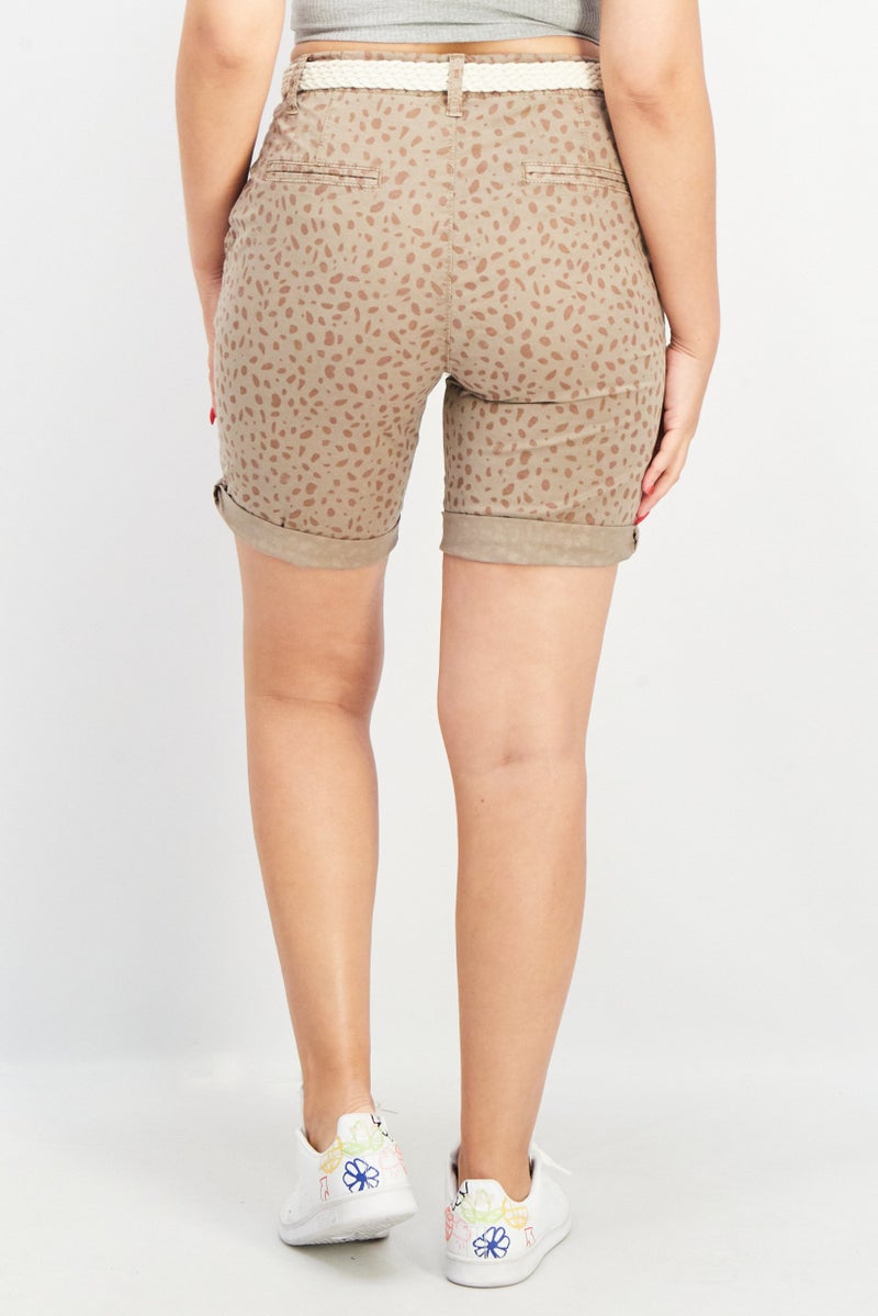 Women Belted Allover Print Shorts, Brown