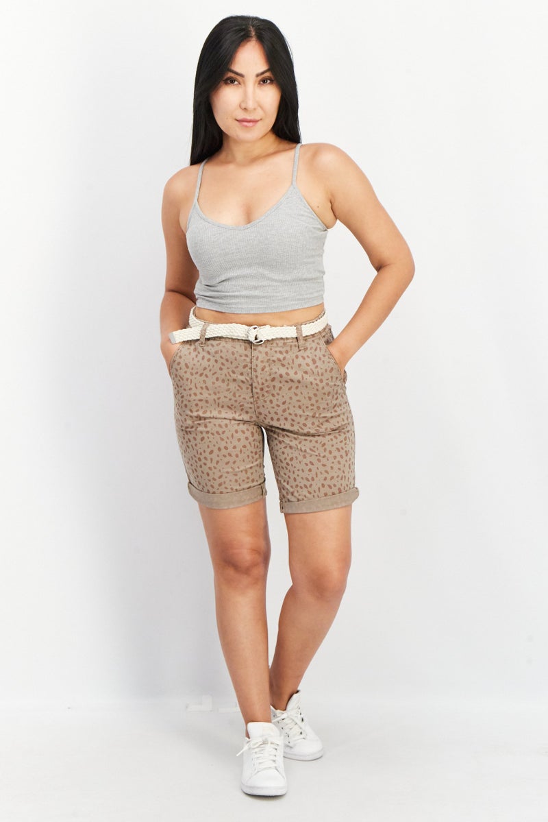Women Belted Allover Print Shorts, Brown