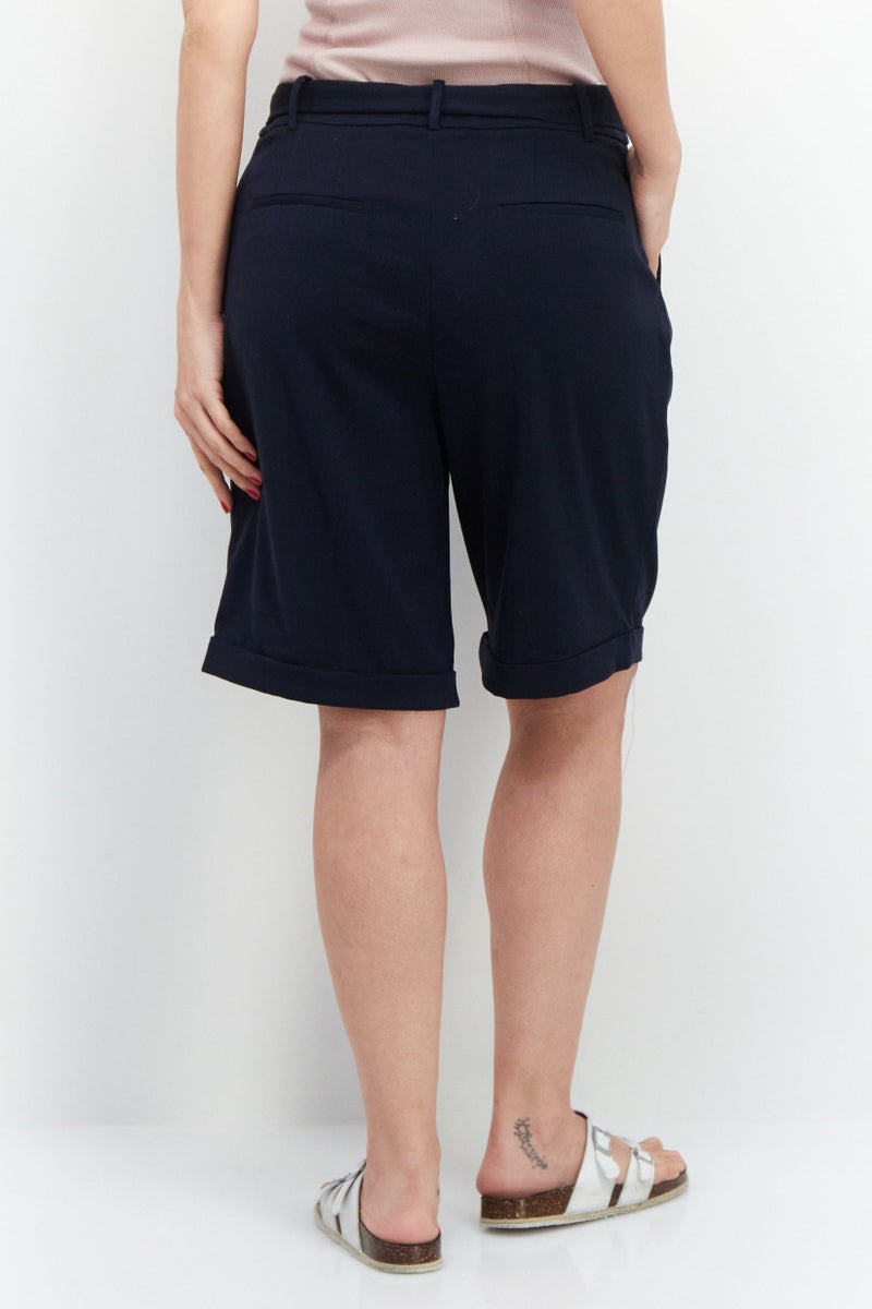 Women Belted Plain Basic Shorts, Navy