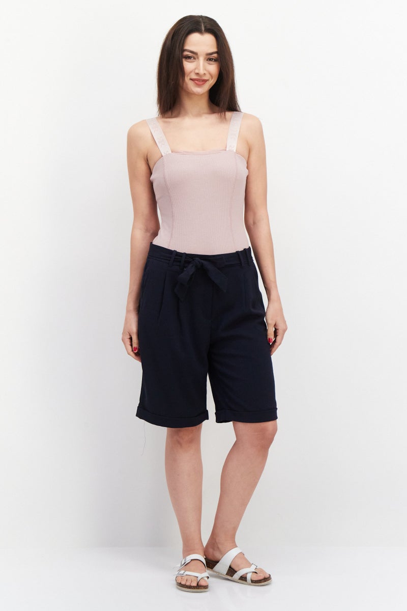 Women Belted Plain Basic Shorts, Navy