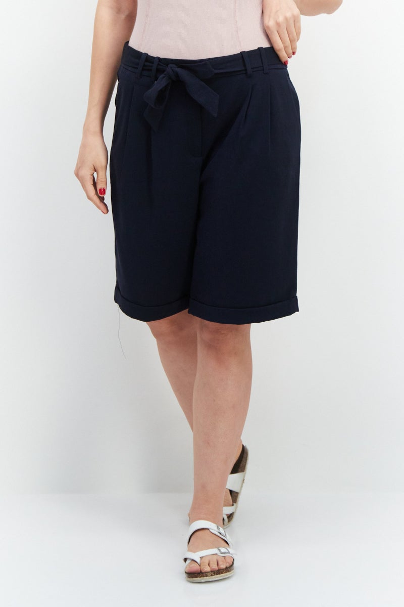 Women Belted Plain Basic Shorts, Navy