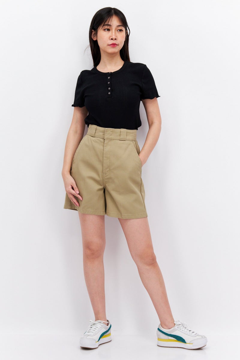 Women Solid Basic Shorts, Khaki