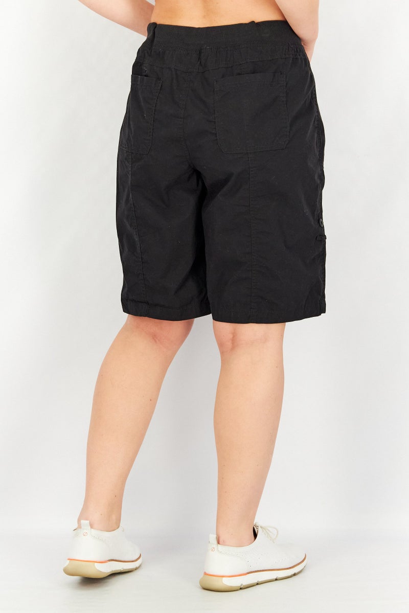 Women Solid Rolled Cuff Utility Shorts, Black